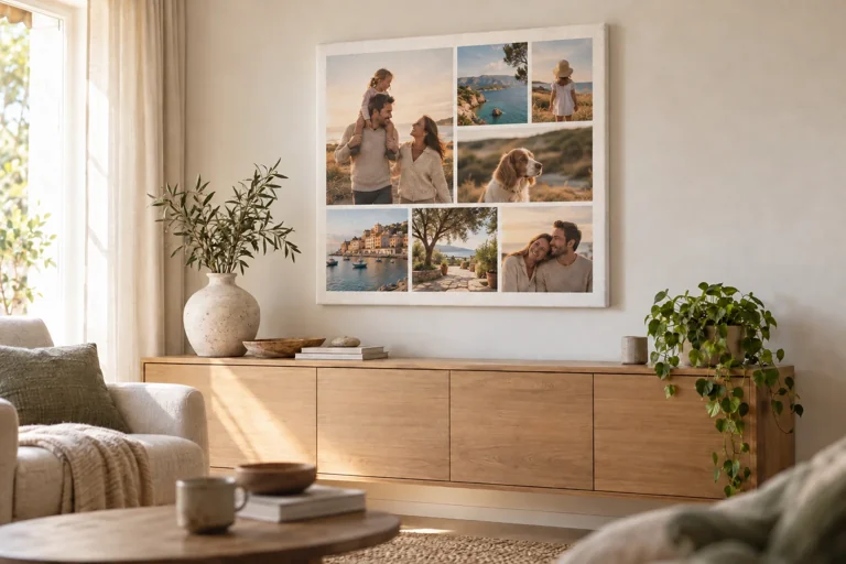 Photo collage of personal memories above a wooden sideboard